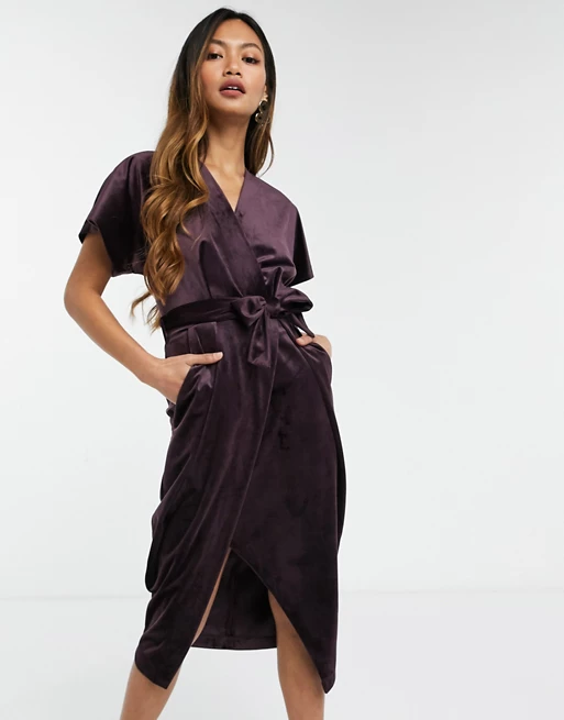 Closet London kimono sleeve velvet midi dress with wrap tie in plum ...