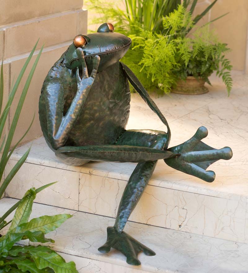 Thinking Frog Metal Yard Sculpture In Statues Decor Metal Yard Sculpture Frog Statues, Metal Frog Garden Statue