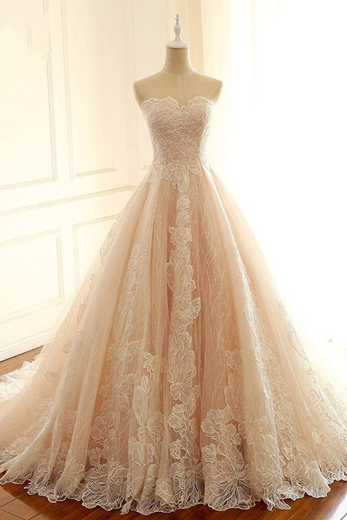 Leichte Champagner Lace Sweetheart Neck langes trägerloses Abendkleid, formales Abendkleid