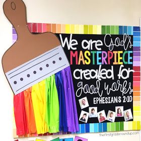 Last year, I redecorated my church Sunday School classroom with a rainbow theme. Here is a look at this popular paintbrush MASTERPIECE bulletin board set and how I made it! Christian Bulletin Boards, Christian Classroom, Summer Bulletin Boards, Preschool Bulletin Boards, Art Bulletin Boards, Christian School, Bulletin Board Ideas For Church, January Bulletin Board Ideas, Religious Bulletin Boards
