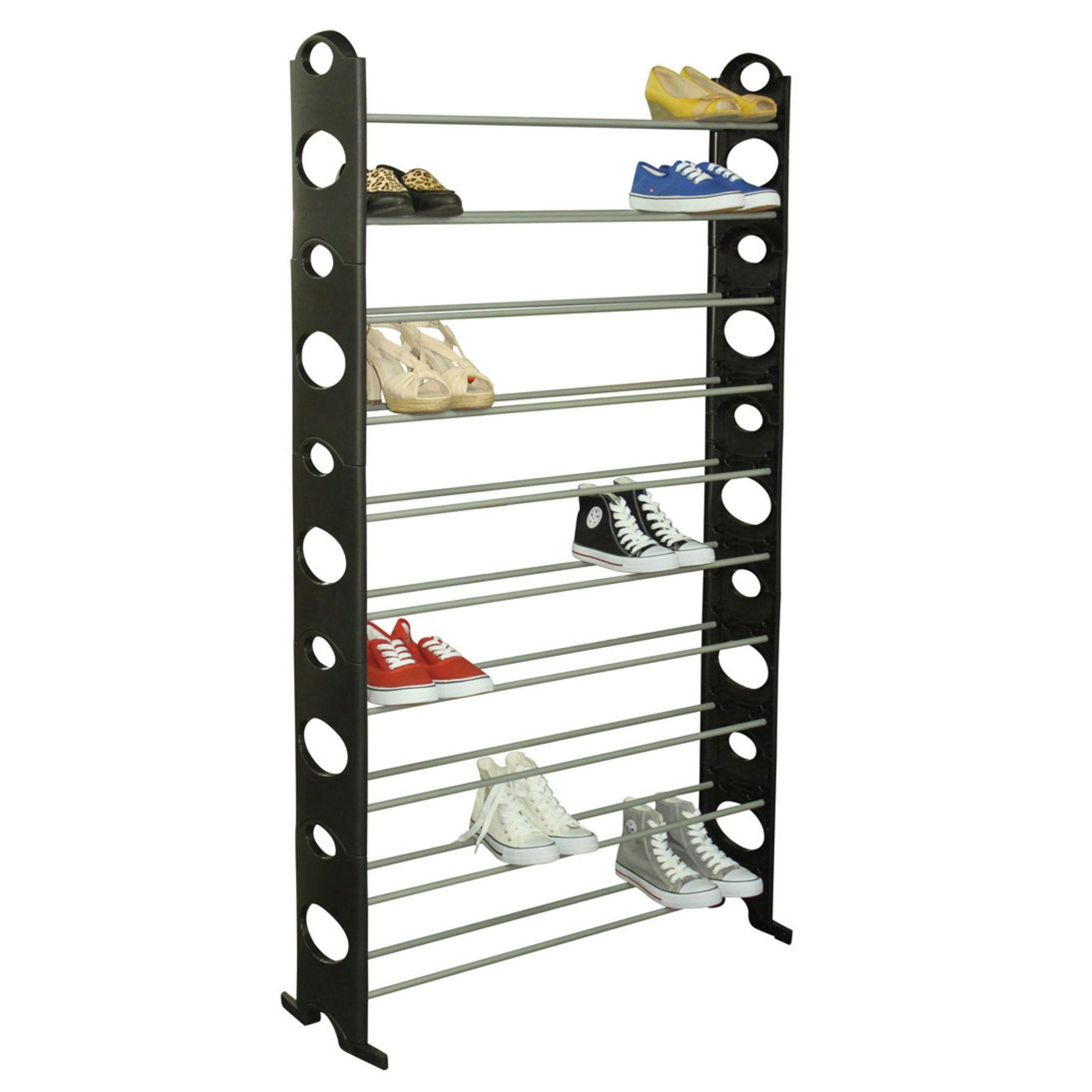 Designed with high strength metal rods and sturdy plastic attachments this tiered free standing shoe rack can accommodate up to 50 pairs of shoes. Varying size holes on each side allow to adjust the distance between shelf to accommodate different types and sizes of shoes. The open style shelving allows you to see your collection in a quick glance, while also keeping your shoes well-ventilated. Step, by instructions included for quick set up right out of the box. Spot clean. Made of metal Prevent 50 Pair Shoe Rack, Metal Shoe Rack, Plastic Shoe Rack, Plastic Shoes, Shoe Storage Cabinet, Storage Organization, Prepac, Keep Shoes, Urban Modern