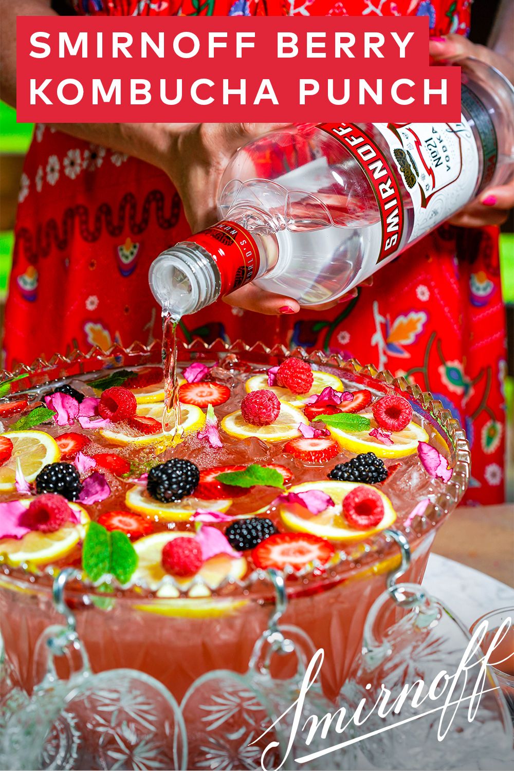 Treat yourself and your squad to this healthy-ish Berry Kombucha Punch made with a big bottle of Smirnoff No. 21 Vodka. Big bottle = more friends to invite to your holiday party this year. RECIPE: 1.75L Smirnoff No. 21, 50 ounces berry Kombucha, 2 cups lemon juice, 1 cup mint simple syrup, 10 strawberries (sliced), 3 lemons (sliced), mint & flower petals (garnish). Serves 40 people. Visit BeautifulBooze.com for full recipe and instructions! Holiday Drinks, Party Drinks, Cocktail Drinks, Fun Drinks, Yummy Drinks, Cocktail Recipes, Beverages, Kombucha, Drinks Alcohol Recipes