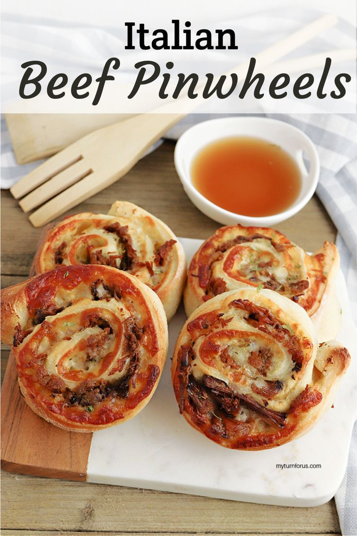 Italian beef pinwheels with pizza dough and served dipped in Au Jus. We use roast beef cooked in a slow cooker with Italians seasonings to make Italian roast beef roll appetizers. #ItalianBeefPinwheels #Pinwheels #BeefPinwheels #ItalianRoastBeefRoll #PinWheelAppetizers #myturnforus Fair Food Recipes, Foood Recipes, Mexican Food Recipes, Beef Recipes, Rice Recipes, Beef Appetizers, Easy Appetizer Recipes, Tailgating Recipes, Tailgate Food