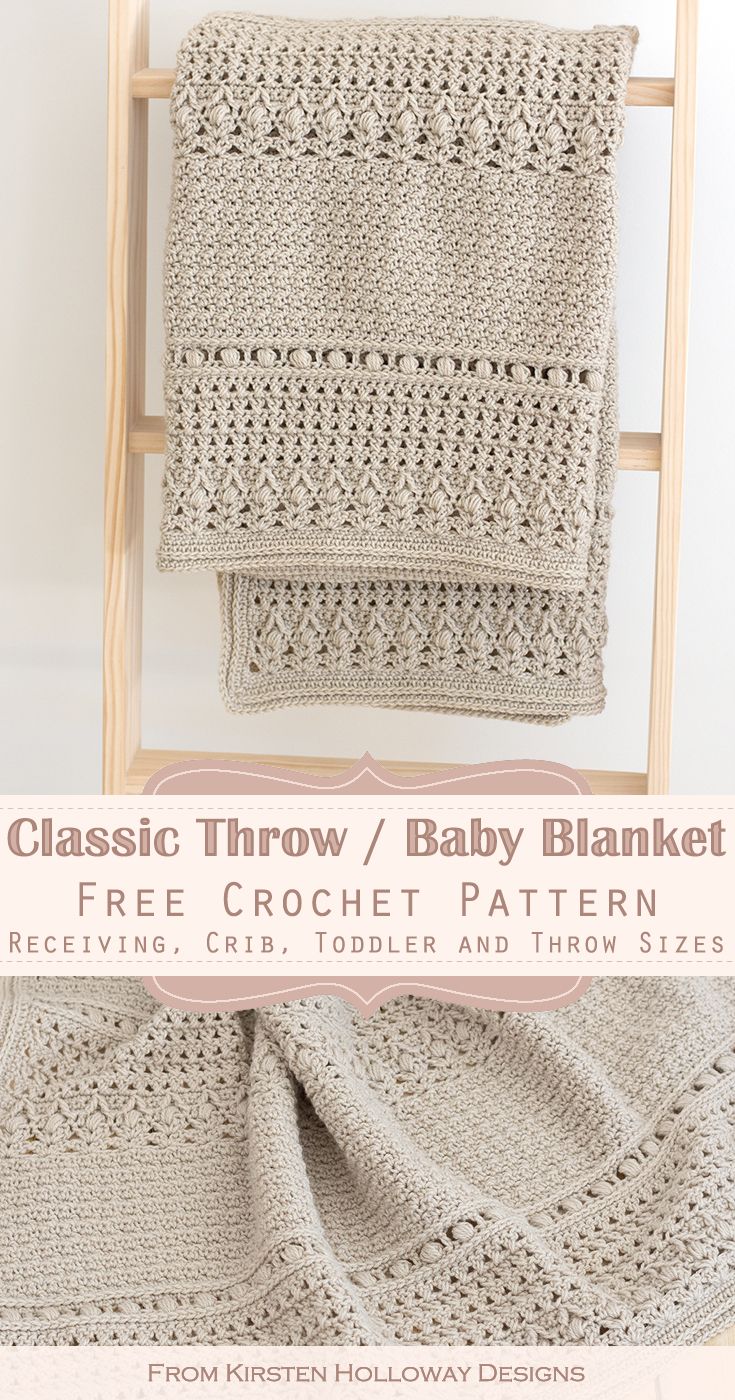 Crochet a classic throw / baby blanket with this free crochet pattern! This blanket pattern comes in receiving, crib, toddler and throw blankent sizes. It is a gender neutral baby blanket that works for baby boys or baby girls. #freecrochetpatterns #freecrochetblanketpatterns #freecrochetafghanpatterns Crochet Simple, Crochet Diy, Crochet For Boys, Crochet Crafts, Crochet Baby Boy, Crochet Summer, Crochet Baby Dress, Crochet Baby Booties, Crochet Poncho
