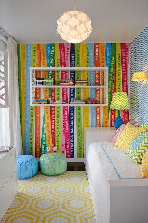 Fun Colorful Kid S Room Features One Wall Clad In Ribbon Wallpaper Fun Colorful Kid S Room Features One Wall Clad In Ribbon Wallpaper Adorned With
