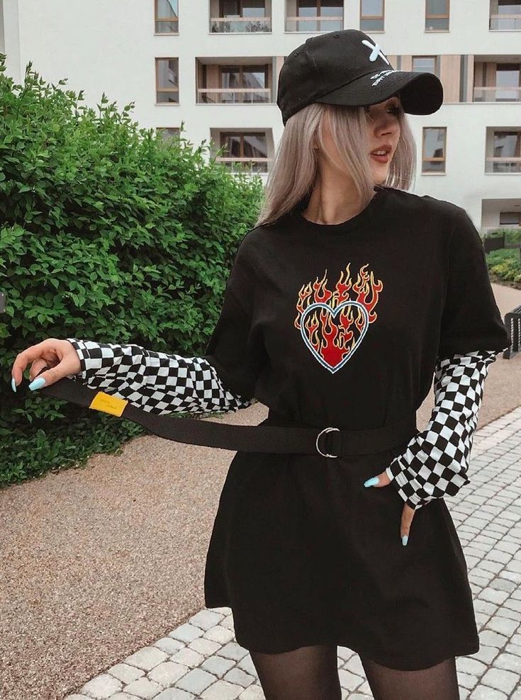Flaming Heart Shirt with Checkerboard Sleeves Flaming Heart Shirt with Checkerboard Sleeves
