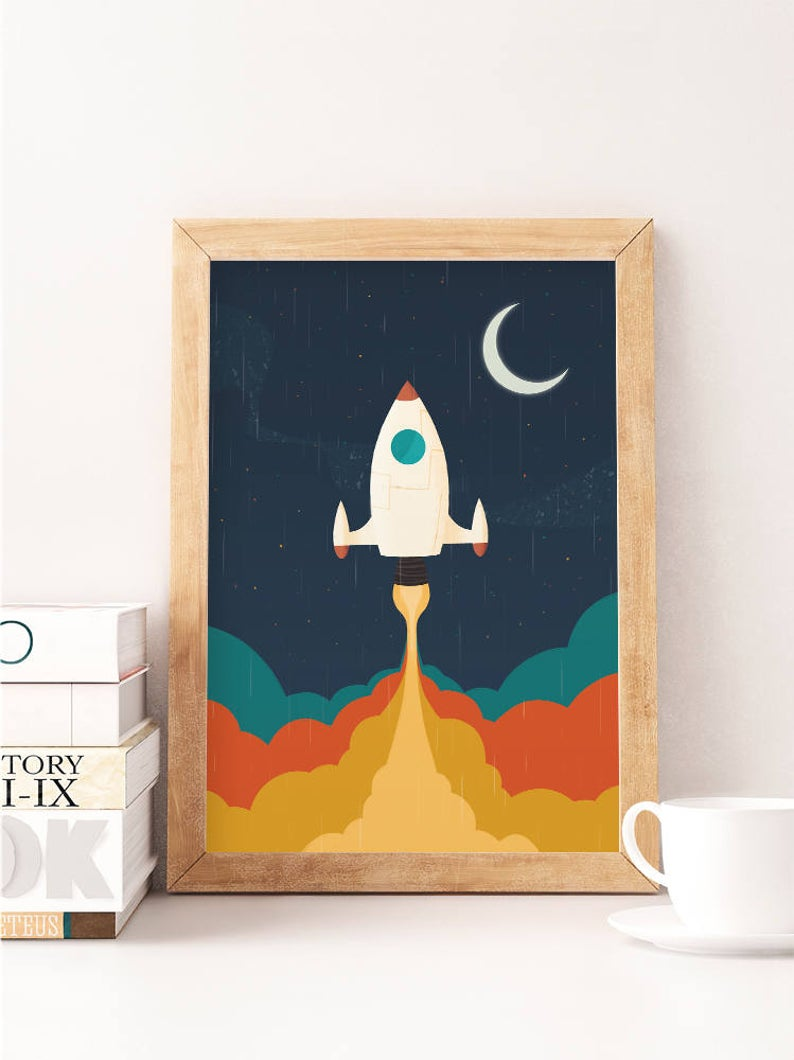 Space Print Spaceship Art Nursery Wall Art Nursery Wall Decor Retro Nursery Vintage Nursery Kids Room Art Kids Room Decor Artwork In 2020 Art Wall Kids Nursery Wall Art Kids Room Art