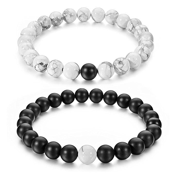 Couples His and Hers Bracelet Black Matte Agate & White Howlite 8mm