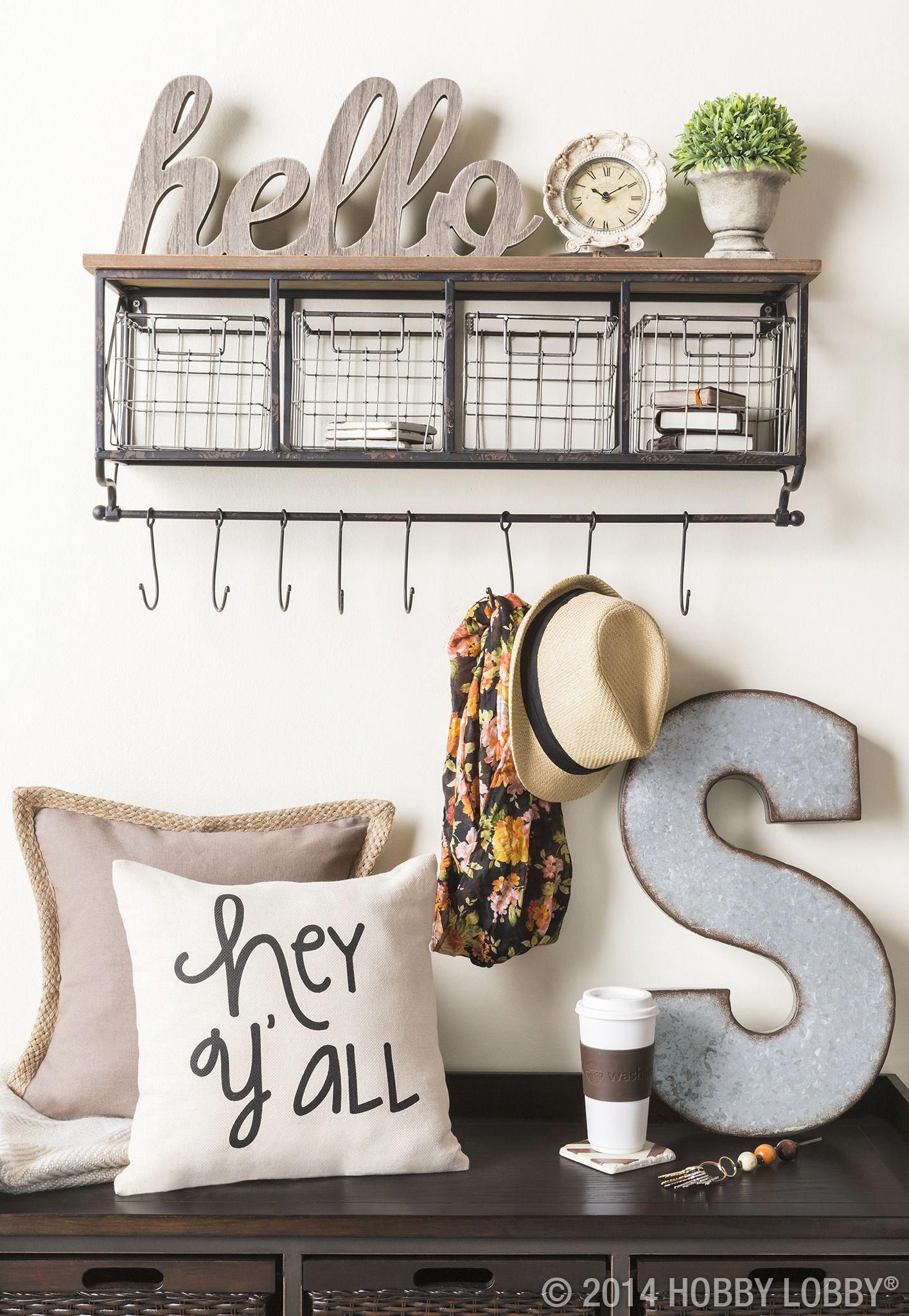Wall Shelf With Metal Baskets Hooks Hobby Lobby 263558 Home Decor Rustic House Home