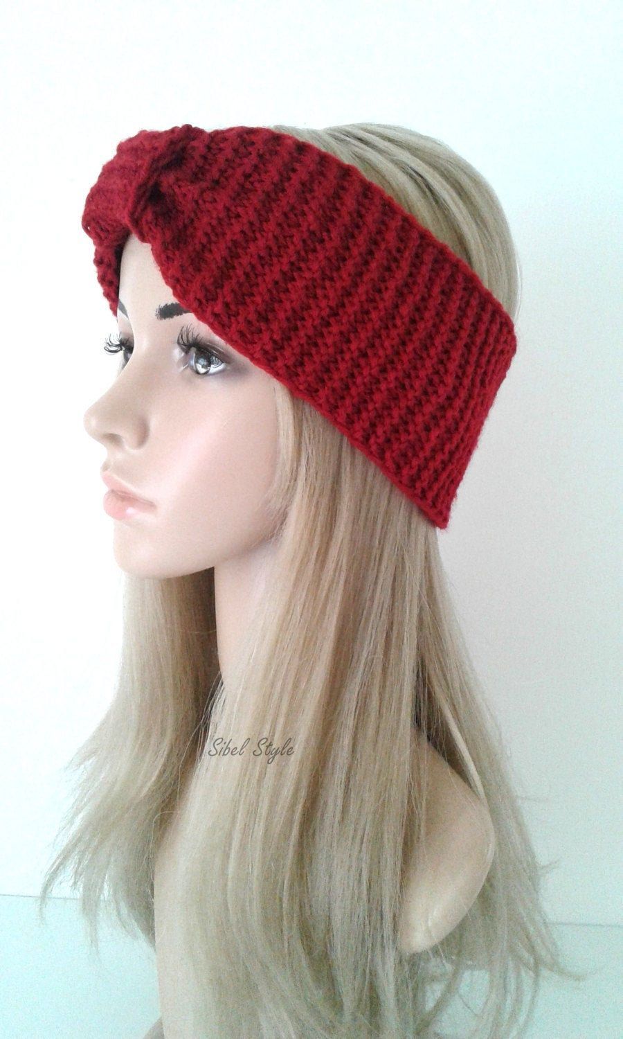 Hairband turban knit handmade red headband ear warmer gift idea woman girl teen ...