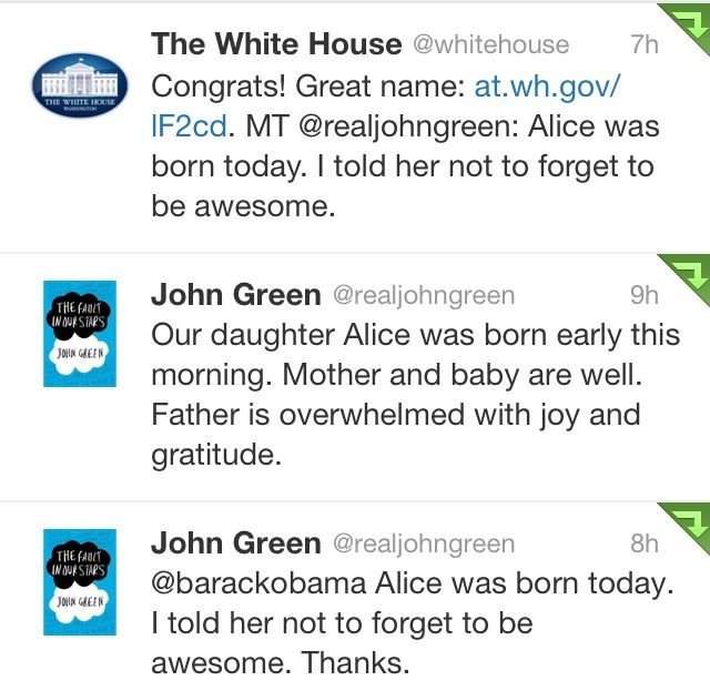 John Green S Second Child Born Monday June 3 2013 Her Name Is