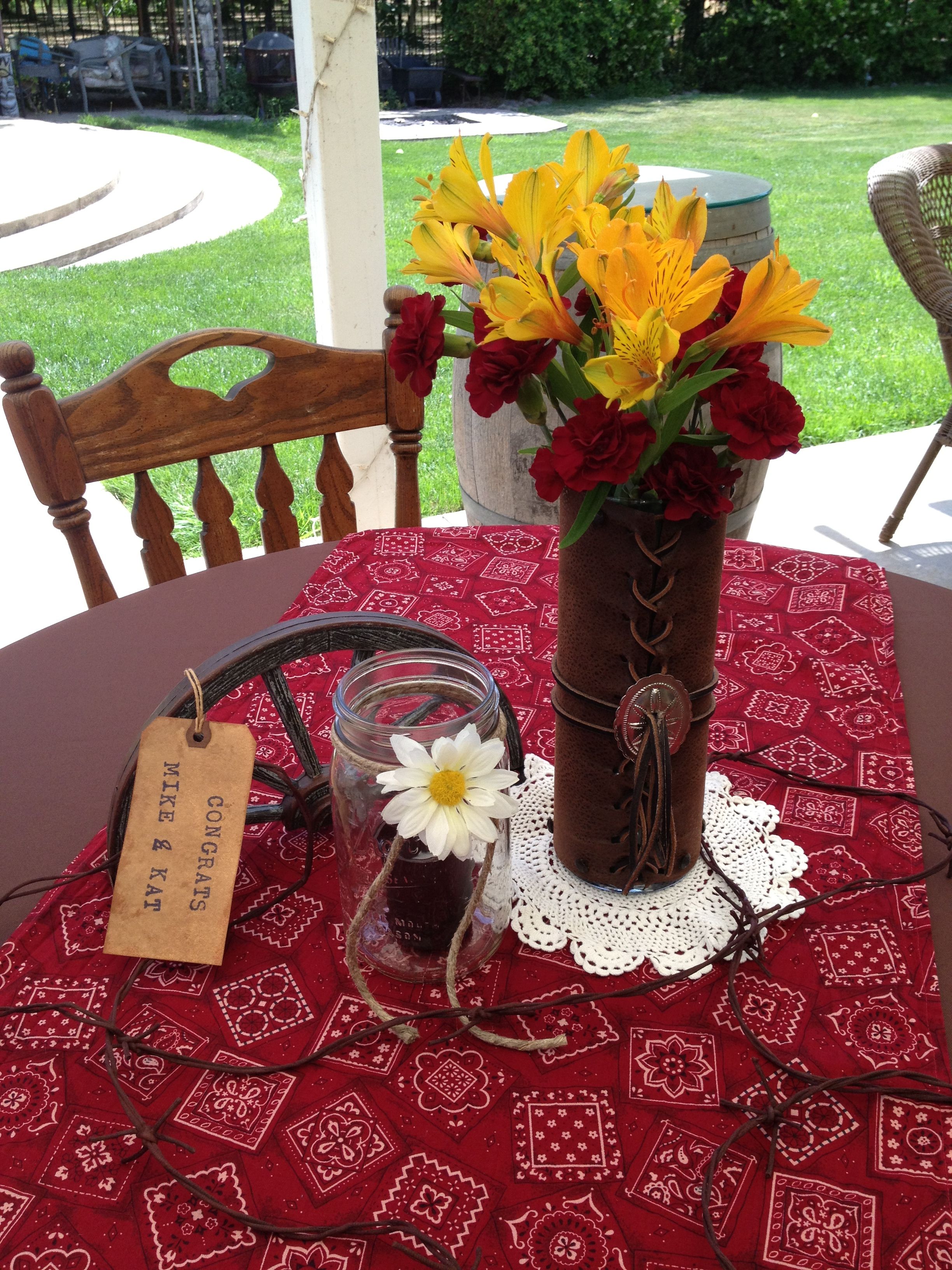 Western Centerpiece Bandana Table Runner With Vase Wrapped In Faux Western Centerpiece Bandana Table Runner With Vase Wrapped In Faux