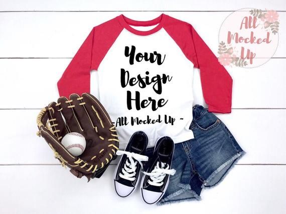 Next Level 3352 Youth Raglan Red Sleeve T-shirt Mock Up MockUp - Shirt Mock Up - Baseball Theme ...
