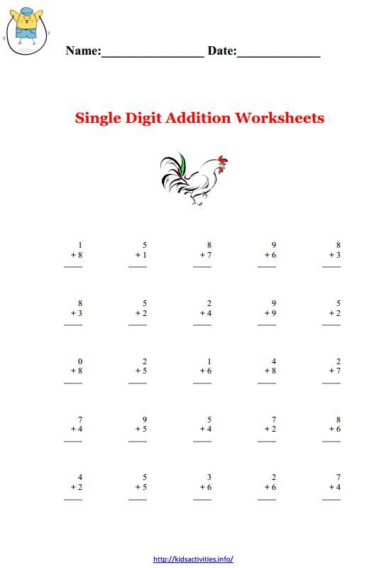 single digit addition worksheets kindergarten math worksheets