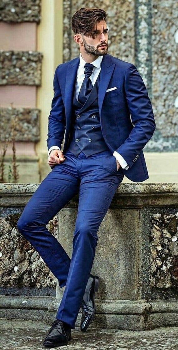 Buy Men's Blue 3 Piece Business Summer Suit Slim Fit One Online in ...