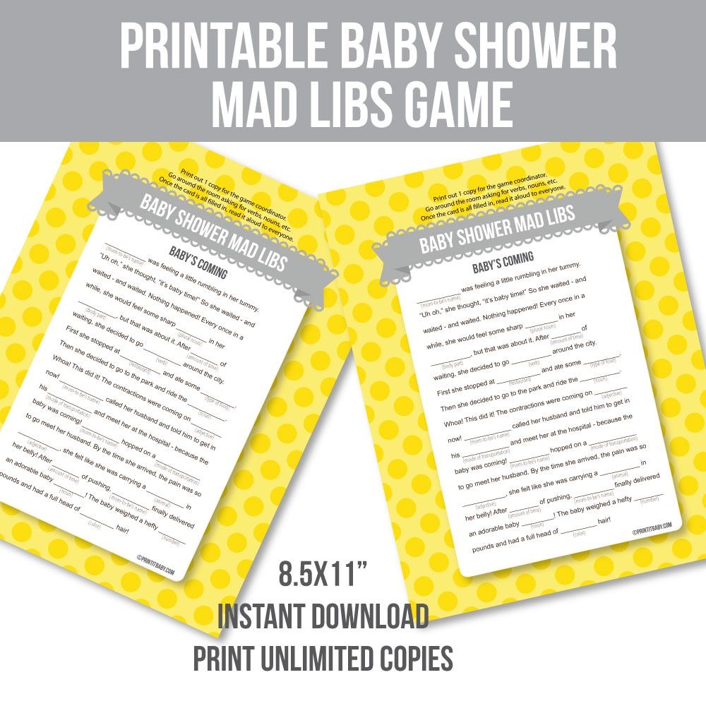 Printable Baby Shower Mad Libs Yellow Polka Dot Baby Showers Printable Baby Shower Mad Libs Yellow Polka Dot Baby Showers