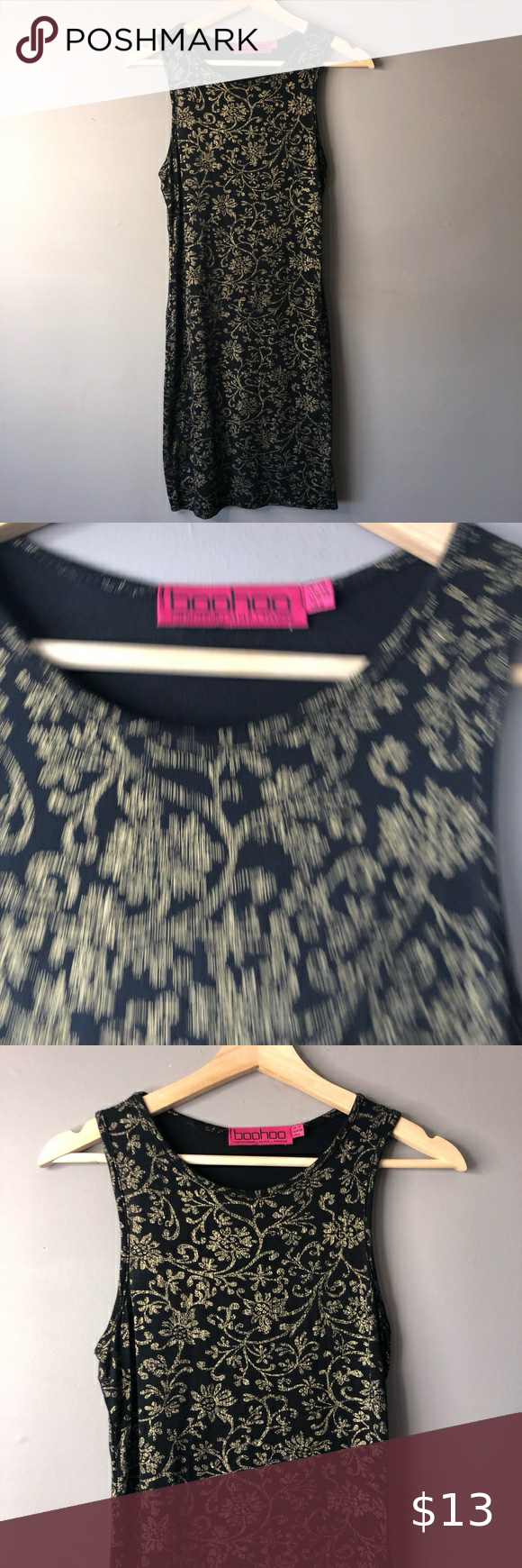 boohoo black and gold dress