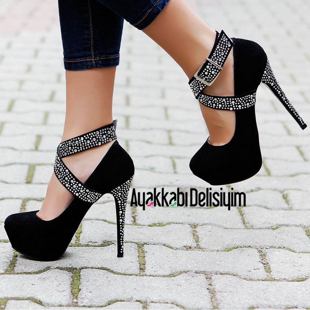 Tasli Capraz Bantli Siyah Suet Platform Topuklu Ayakkabi Heels Sparkly Shoes Heels Black High Heels
