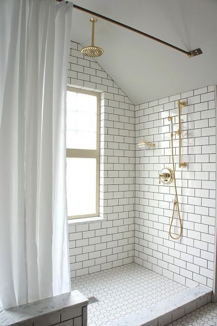 Attic Shower Outfitted With Subway Tile Black Grout And Brass