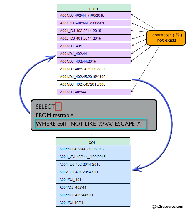 SQL - Filter rows using not like and % character