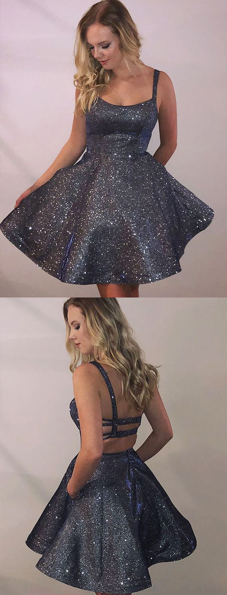 Fashion Sparkly Sweetheart Spaghetti Cross Back Kurze Heimkehr Kleider mit Taschen, Kurze Coc...