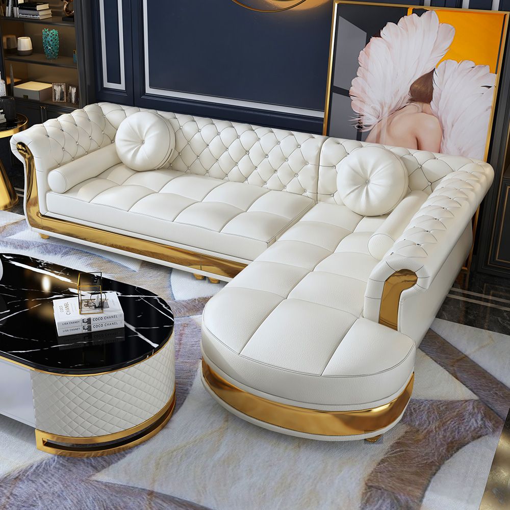 Elegant and stylish, this 5-seater sofa will transform any living room into a luxurious lounge. Featuring diamond tufting details, this sofa injects multifaceted texture into your overall design scheme. Microfiber leather upholstery and seating padding with high-density foam add maximum comfort for you when lounging after a long day. Come with a pinewood frame and metal legs, this sofa delivers sturdy support and durable performance. Lend a touch of luxury in your living room with this sofa.- Th Sofa Set Designs, L Shaped Sofa Designs, Modern Sofa Designs, Luxury Sofa Design Modern, White Sofa Design, White Sofa Set, Modern Sofa Set, White Chair, Modern Sofa Living Room