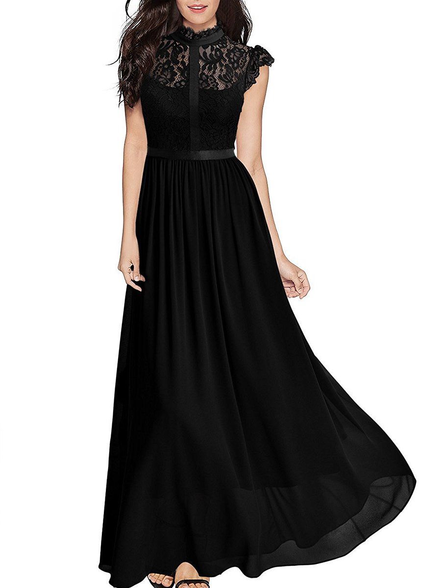 Band Collar See-Through Plain Chiffon Swing Maxi Dress – Bellalike Band Collar See-Through Plain Chiffon Swing Maxi Dress – Bellalike