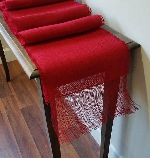 Narrow 9 10 Wide Christmas Red Burlap Runner With 6 Inch Fringe This Burlap Runner Is Custom Made To Your Dimensions And Features 1 2 Inch Fringe On Each Side 6 The Ends Shown Here In Our Premium Red