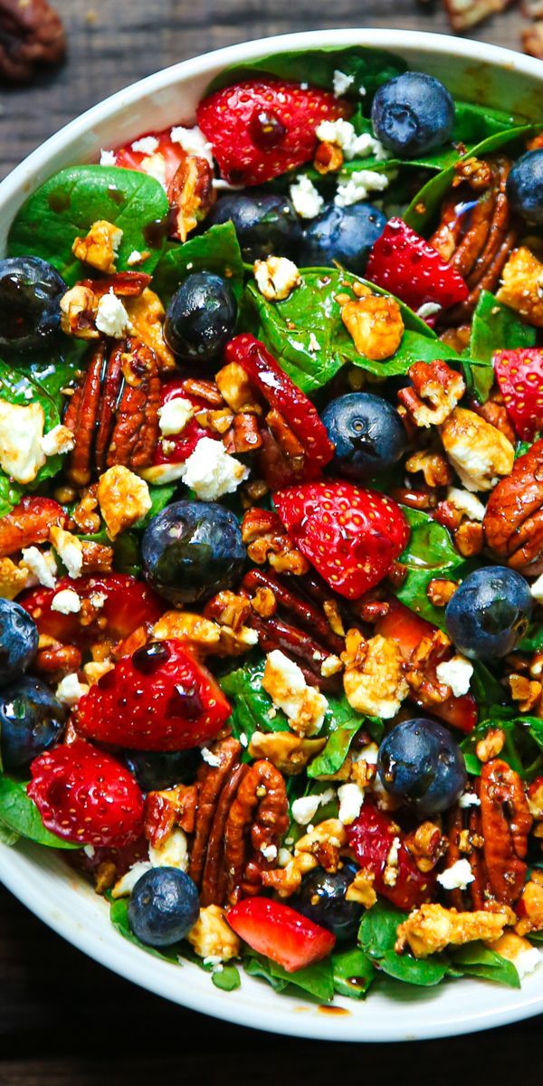 30-Minute Strawberry Spinach Salad with Blueberries, Pecans, Feta cheese, and a Balsamic glaze