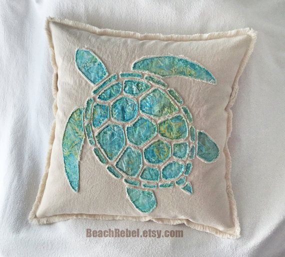 Sea Turtle Pillow Cover Appliqued With Aqua Leaf Batik And Natural Unbleached Distressed Denim Boho Pillow Cover 20 Applique Pillows Turtle Quilt Boho Pillows