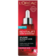 Revitalift Derm Intensives 10% Pure Glycolic Acid Serum is a daily dark spot correcting face serum to visibly even skin tone and reduce wrinkles. Tested on all skin types, even sensitive. Glycolic Acid is an Alpha hydroxy acid (AHA) recognized by dermatologists as an effective exfoliator to reveal more even, younger looking skin. This formula is balanced with Aloe to soothe skin for daily use. L'Oreal Paris Revitalift Derm Intensives 10% Pure Glycolic Acid Dark Spot corrector Face Serum is valid Fragrance Free Products, Paraben Free Products, Pure Products, Revitalift, Alpha Hydroxy Acid, Facial Serum, Younger Looking Skin, Uneven Skin Tone, L'oréal Paris