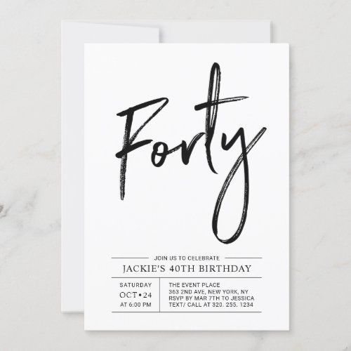 $2.45 | Forty | Modern 40th Birthday Party Invitation #blackandwhite #simple #chic #modern #birthdayinvitation #typography #adultbirthdayparty #forty #40thbirthday #milestonebirthdays Birthday Party Invitation Wording, Halloween Birthday Invitations, 40th Birthday Parties, Graduation Party Invitations, 2nd Birthday, Invitation Ideas, Birthday Ideas, Forty Birthday, 21st Party