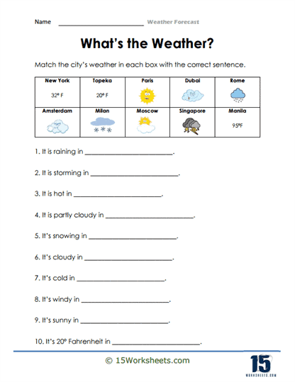 Weather Worksheet Match The Weather Conditions In Different Cities weather-worksheet-match-the-weather-conditions-in-different-cities