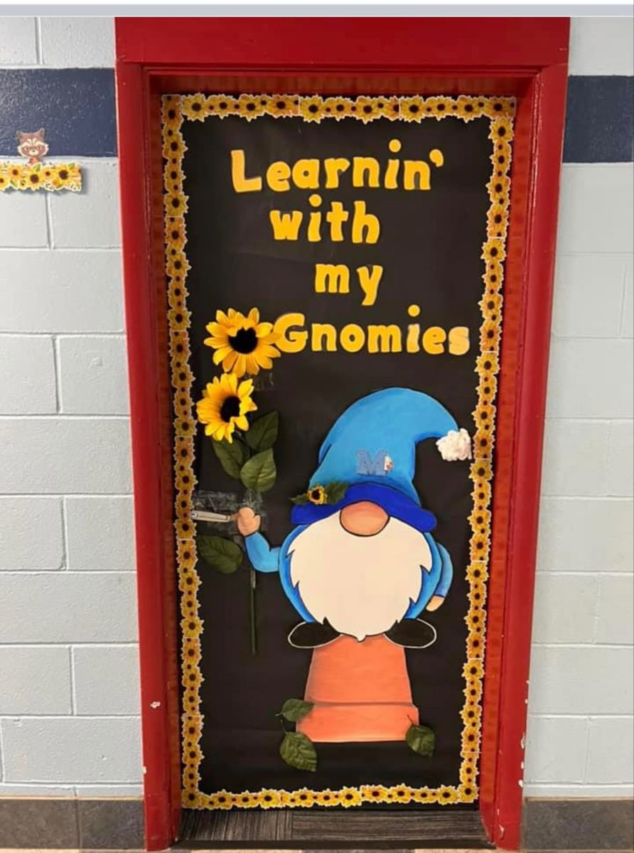 A Door Decorated With An Image Of A Gnome And Sunflowers For The Classroom a-door-decorated-with-an-image-of-a-gnome-and-sunflowers-for-the-classroom