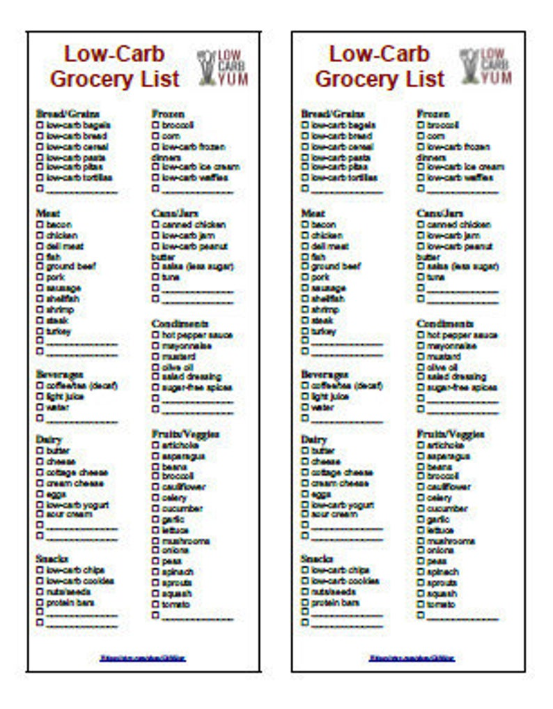 printable low carb diet 2 in 1 grocery list instant download etsy