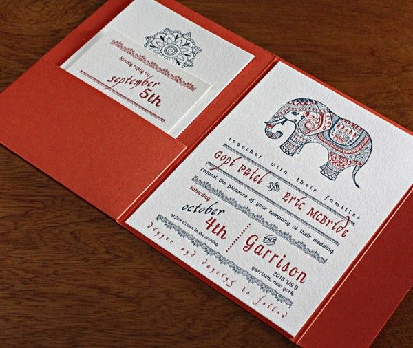 Modern Indian Wedding Invitation Letterpressed With Blue And Rust Modern Indian Wedding Invitation Letterpressed With Blue And Rust Inks Decorated A Henna Inspired Elephant Motif Paired Colored Pocket