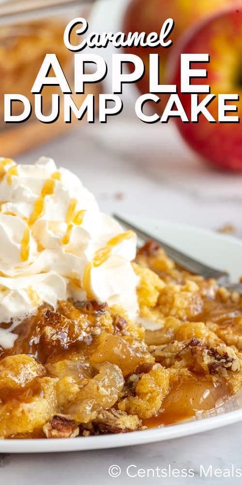 This easy caramel apple dump cake recipe is made with 4 simple ingredients. Apple pie filling is mixed with cinnamon and caramel sauce, then topped with dry cake mix, melted butter and chopped pecans. Baked till golden and served warm with a dollop of ice cream or whipped cream, this is definitely a decadent dessert you will love! #centslessmeals #caramelappledumpcake #dumpcake #dessert #cakerecipe #applepiefilling Apple Dump Cake With Pie Filling, Apple Dump Cake Recipe, Caramel Apple Dump Cake, Apple Pie Filling Recipes, Caramel Apples Easy, Apple Dump Cakes, Dump Cake Recipes, Apple Recipes, Dessert Recipes Easy