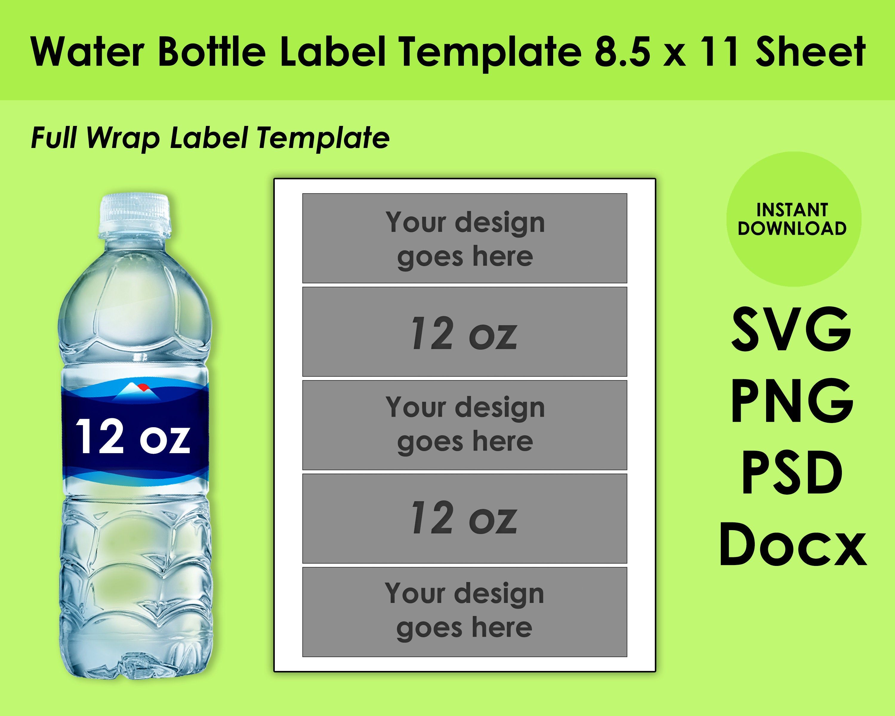 Water Bottle Label Template 8.5x11 Sheet SVG PNG PSD and Etsy Water