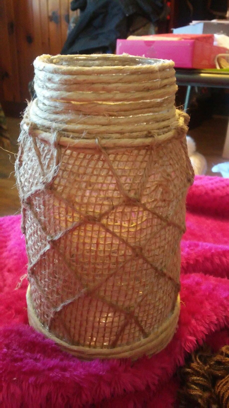 Burlap wrapped glass jar with twine netting. | Burlap projects, Glass
