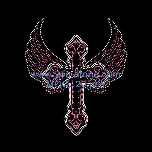 Pink Wings Cross Rhinestone Iron On Transfer For Tshirts