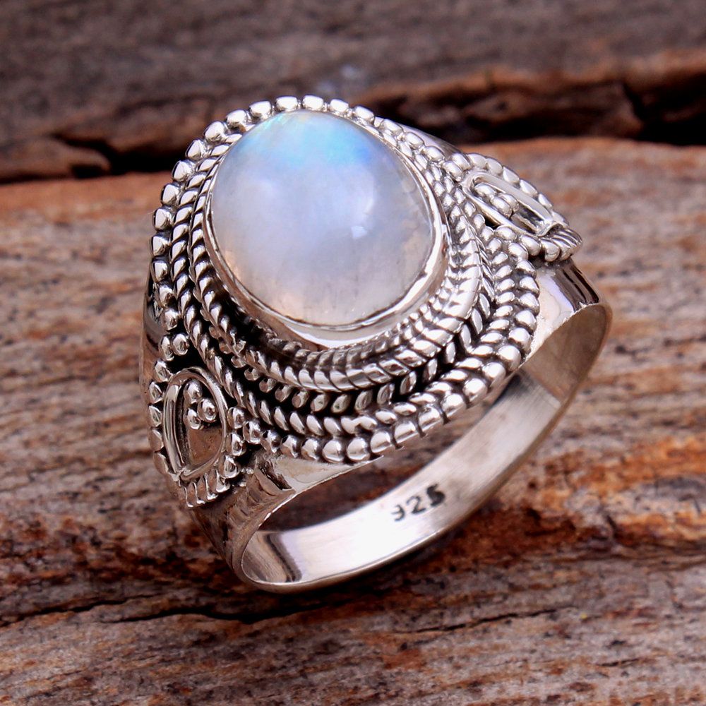 Oval Faceted Fire Rainbow Moonstone Gemstone 925 Sterling Silver Handmade Ring