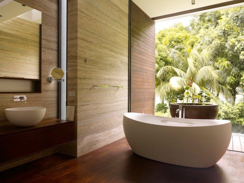 inspiration salle de bain esprit nature avec baignoire ilot ovale et accents en pierre et bois - Salle De Bain Baignoire Ilot inspiration salle de bain esprit nature avec baignoire ilot ovale et accents en pierre et bois - Salle De Bain Baignoire Ilot