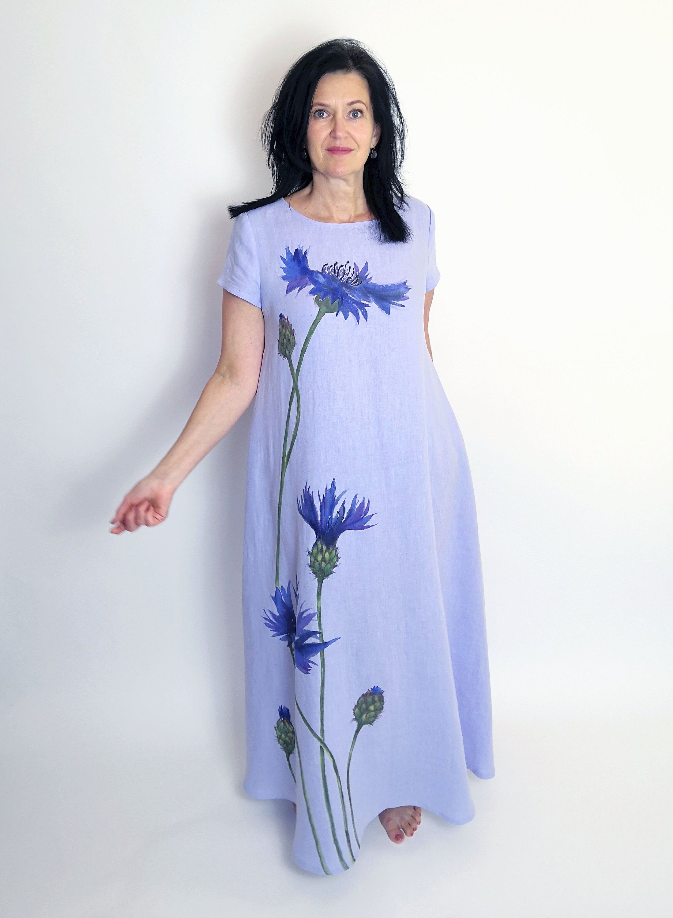 Hand painted cornflower maxi loose washed linen dress with pockets, Lilac blue long linen dress with short sleeves, MaTuTu Linen Style Womens Linen Clothes, Linen Women, Fabric Paint Designs, Fashion Dresses, Women's Fashion, Long Linen Dress, Short Dresses, Womens Dresses, Pants For Women