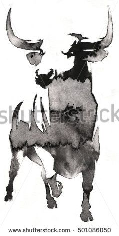black and white monochrome painting with water and ink draw bull