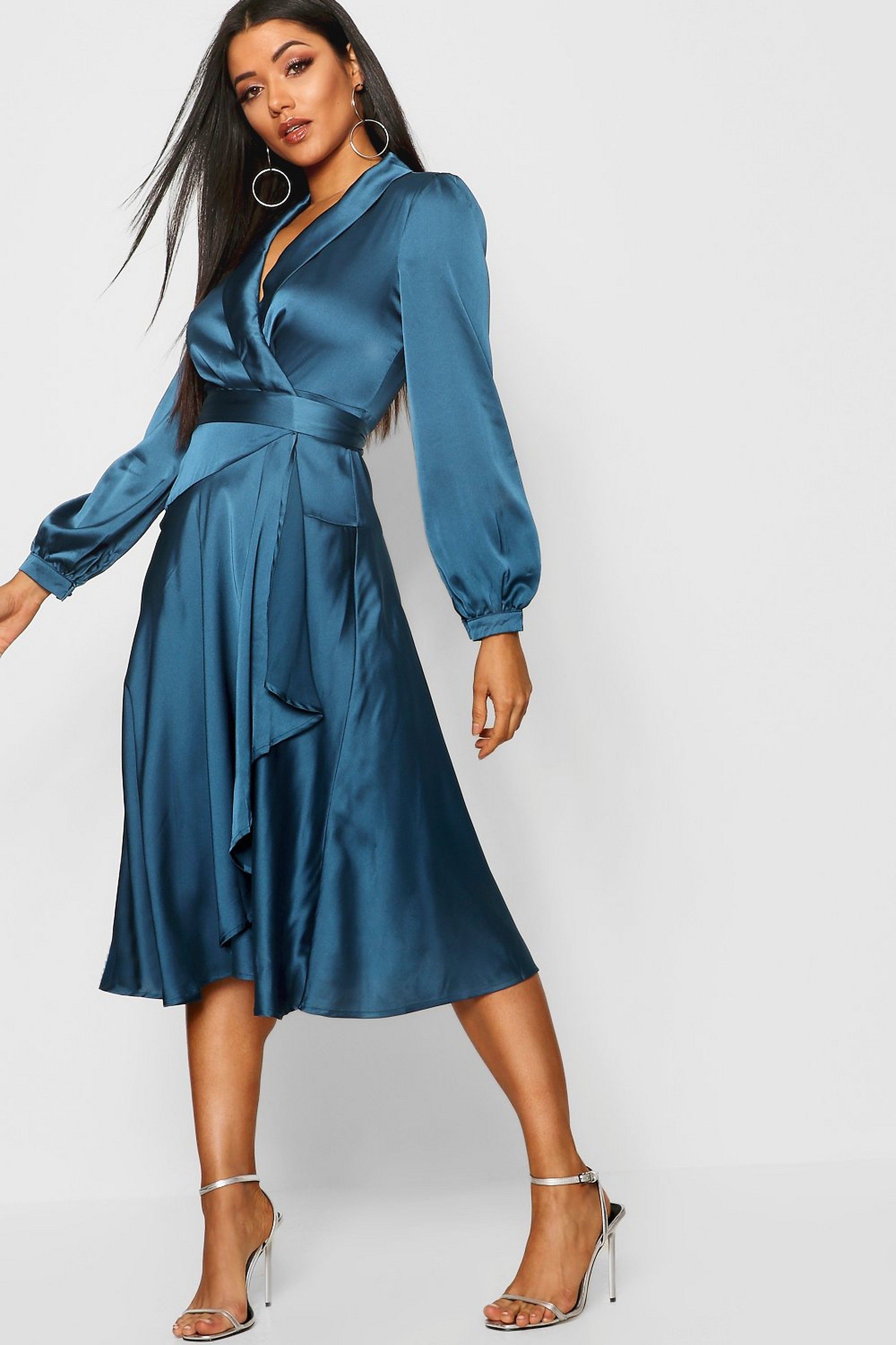Satin Wrap Detail Midi Skater Dress boohoo Australia