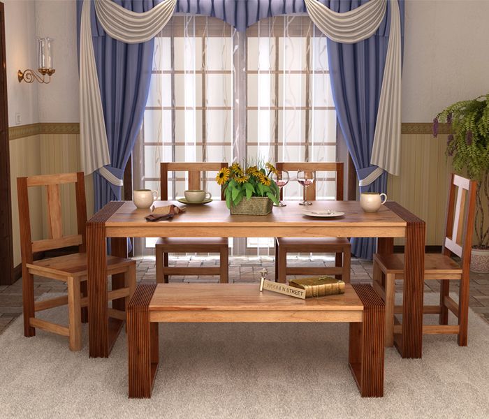 Enliven the ambiance of your home with alluring #DiningTableSet. The artistic design & combination of chairs with a bench makes it more appealing & let you enjoy the meals with family & friends together. Choose your favorite design at http://www.woodenstreet.com/dining-table-sets #Woodenstreet Dinning Table Set, Teak, Wooden Street, Muebles Living, Dining Experiences, Seater, Bench, Chair, Attraction