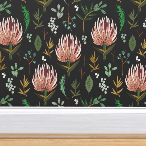 Removable Water-Activated Wallpaper Protea Modern Botanical Floral Dark Grey Removable Water-Activated Wallpaper Protea Modern Botanical Floral Dark Grey