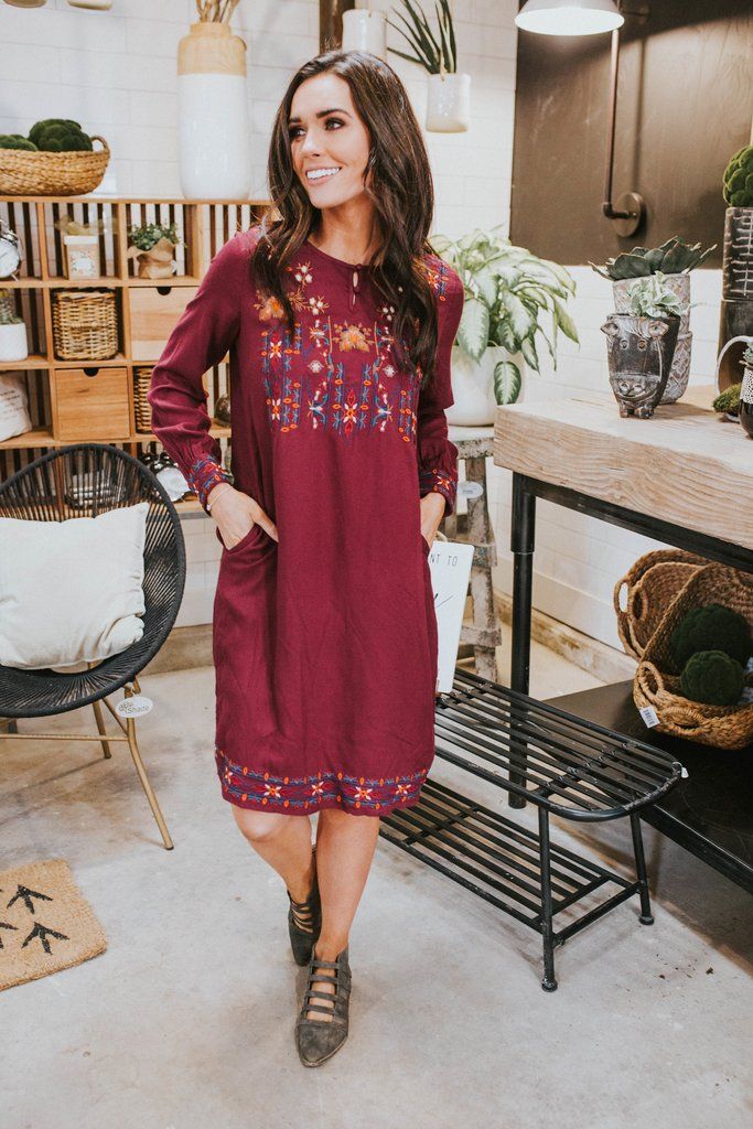 Columbia Embroidered Dress in Burgundy Dresses, Lovely