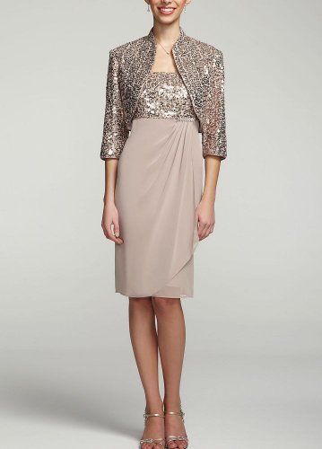 David's Bridal 3/4 Sleeve Sequin Jacket Dress with Brooch Detail Style