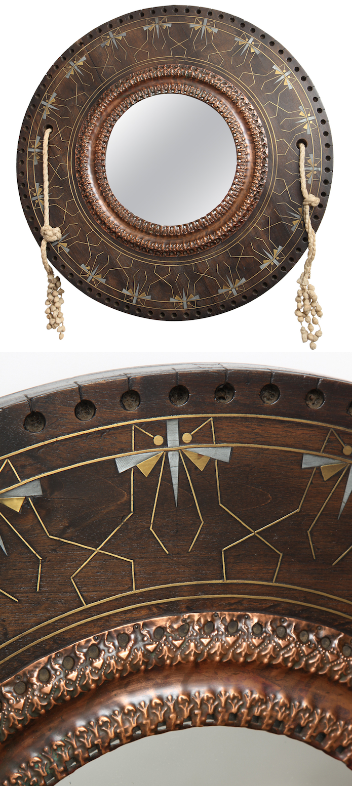 Carlo Bugatti Mirror CARLO BUGATTI round wall mirror, c. 1898, wood, copper, with inlayed